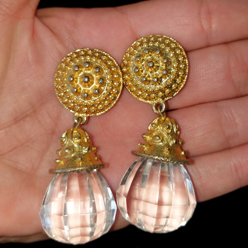 Extravagant Vintage Heavy Crystal & Gold Tone Chunky Clip-On Earrings